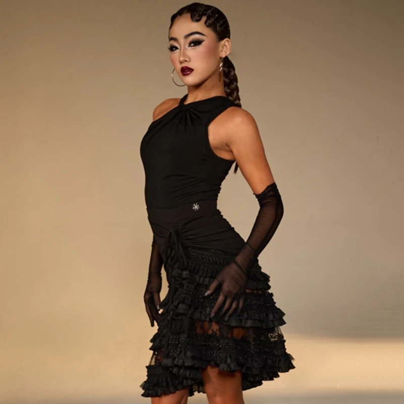 2023 New Latin Dance Competition Clothing For Women Single Sleeved Tops Fish Bone Skirt Suit Adult Latin Dance Dress DQS12671