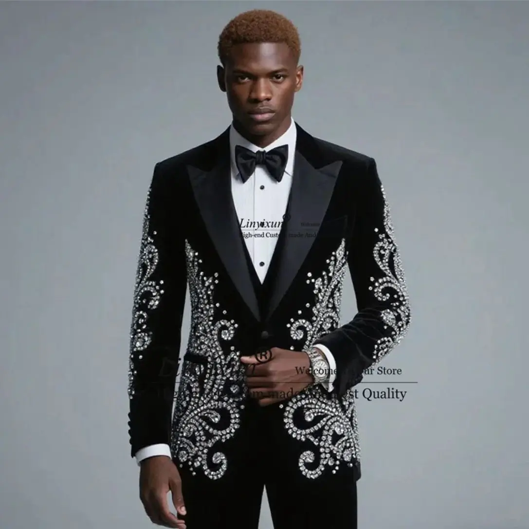 

Glitter Rhinestones Diamond Men Suits 2 Piece Sets Male Prom Blazers Wedding Costume Homme Customized Slim Fit Groom Tuxedos