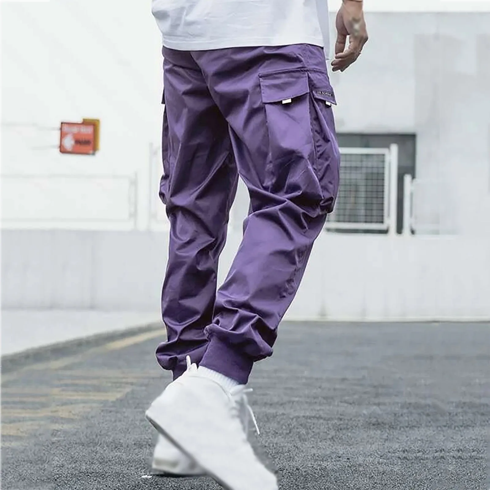 Purple Men\'s Loose Cargo Trousers Multi Pockets Jogger Sport Pants Drawstring Hiking Tactical Trousers Outdoor Hiking Pants