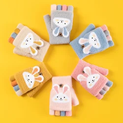 Winter Children Cartoon Gloves Cute Rabbit Thick Warm Kids Half Finger Flip Mittens Outdoor Toddler Windproof Gloves For 1-12Yrs