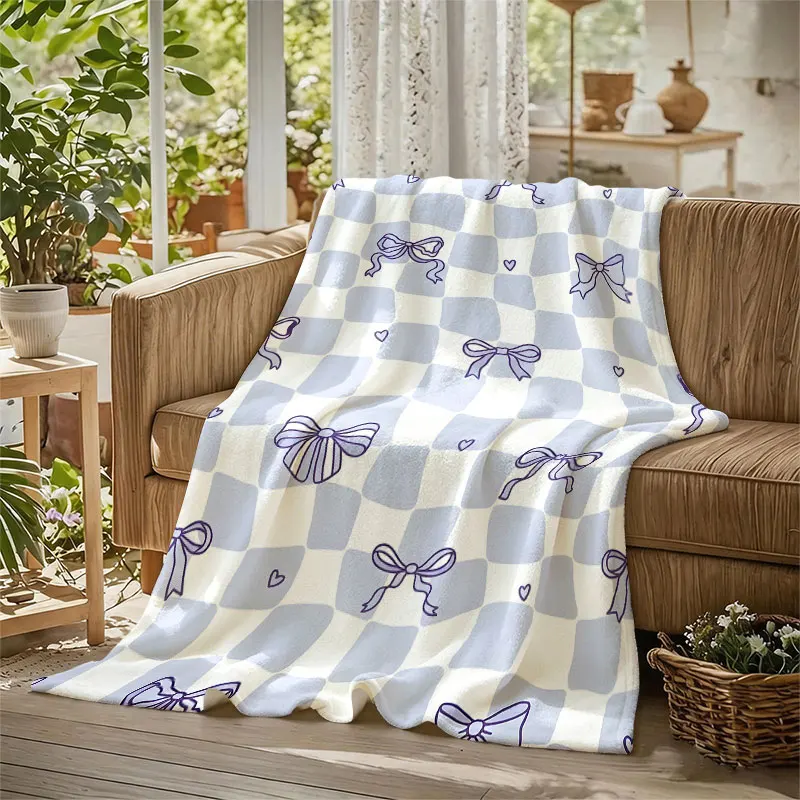 Lilac Bow Checker Flannel Blanket Warm Soft Halloween Christmas Decorative Couch Warm Cozy All-Season Gift