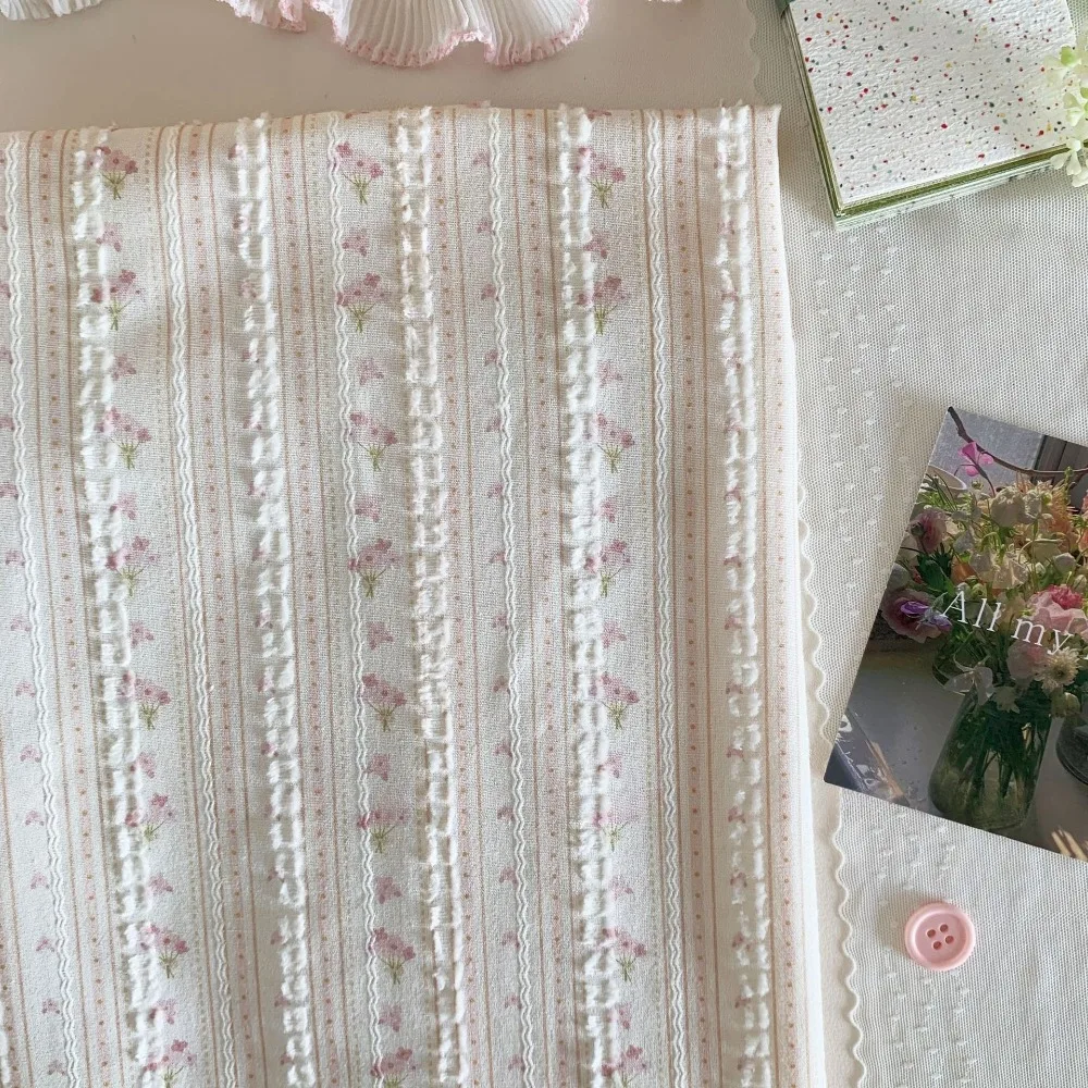 145x50cm Fresh Pink Floral Bouquet Cut Flower Jacquard Dark Pattern Striped Pure Cotton Fabric for Clothing DIY Sewing Cloth