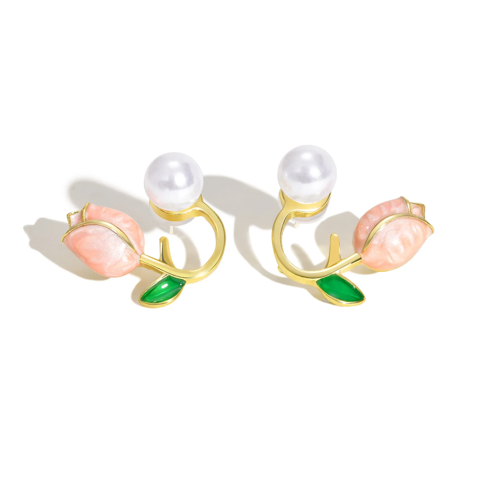 

Prjewel светло-розовые серьги-гвоздики с жемчугом-тюльпаном, изысканные позолоченные серьги Wer для женщин, романтические массивные украшения, подарок для девочек