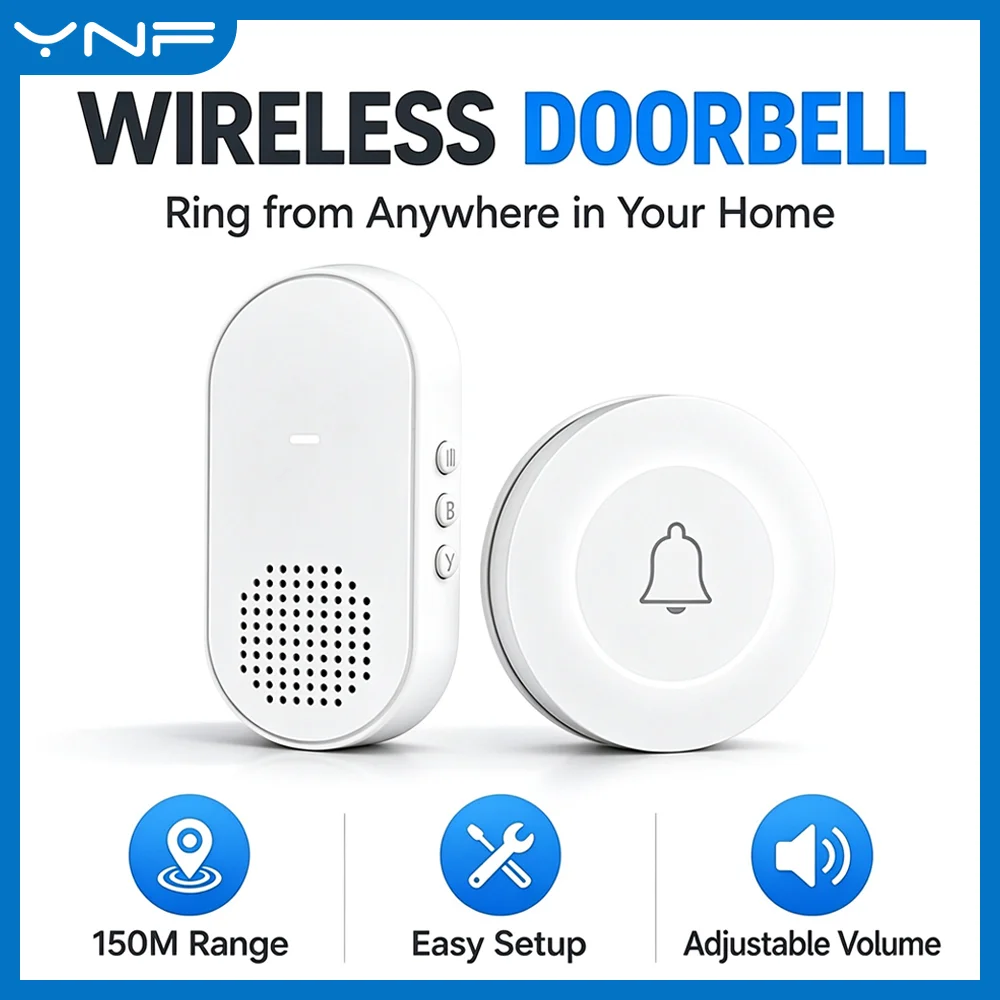 YNF Wireless Doorbell, Power-Off Memory,150M Range,36 Ringtones 8 Volume,USB Receiver,Multi-Receiver for Front & Back Door