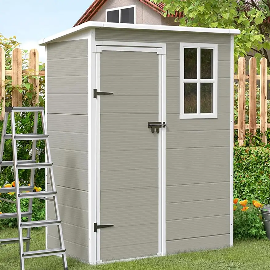 

5x3 FT, Plastic Resin Garden Shed, Outside Sheds & Outdoor Storage Storage Box with Lockable Door for Backyard, Light Brown