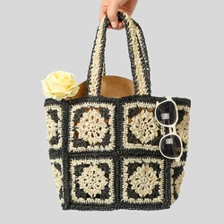 Bohemian Granny Square Tote Bag Casual Straw Women Shoulder Bags Casual Handmade Woven Beach Bag Large Capacity Shopper Purses