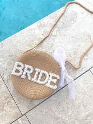 BRIDE Letters Pearl Round Embellished Beach Bag  Beach Gifts Engagement Supplies Bachelorette Party Decorations Wedding Decor