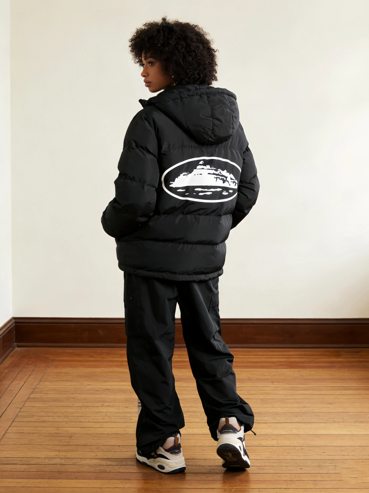 

Autumn Winter Warmth Hooded down Jaet Street Sle Rap Artist Printed Cotton Padded Coat Youth Trendy Stand Fit Long Sve