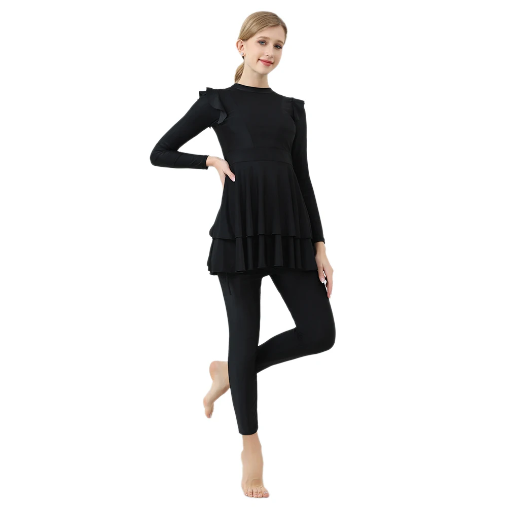 Black Ruffled Sleeve Swimsuit for Muslim Women, Slim Fit Swimwear, Beach Wear with Cap, New Burkini, S-4XL, M002, 3Pcs