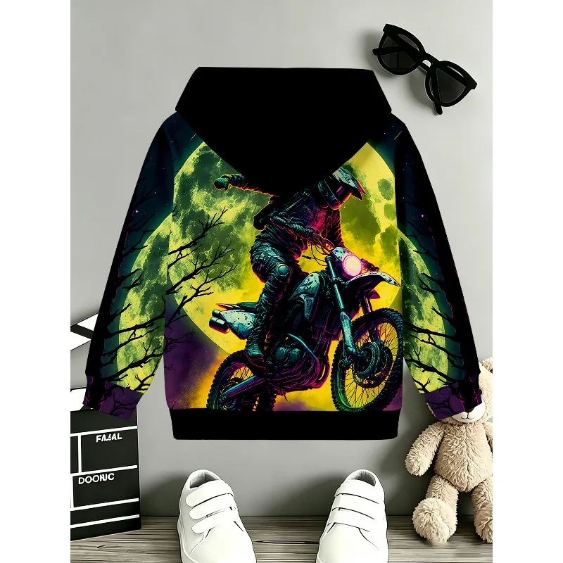 Toddler Boys Motorbike Street Art Pattern Hoodie Pullover Long Sleeve Daily Kids Clothing for Outdoor Birthday Gift