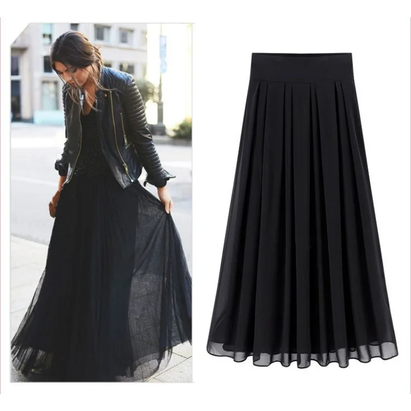 2025 été jupes longues plissées femmes grande taille en mousseline de soie taille haute couleur unie décontracté Jupe Midi Harajuku Saia Jupe Longue Femme