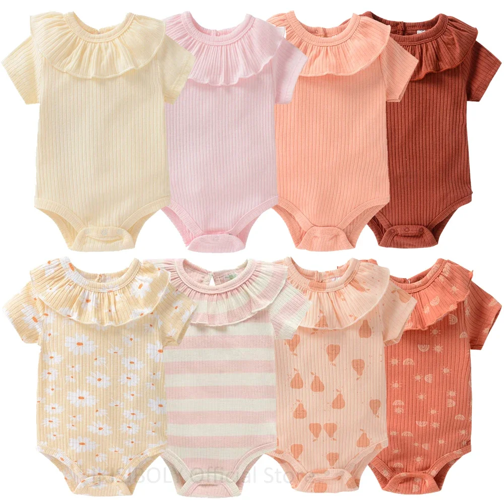 Baby Girls New Rompers Summer Short Sleeve Bodysuits 0-3-12M Newborn Toddlers Cotton Ruffles Playsuits Overalls Onesie Outfits