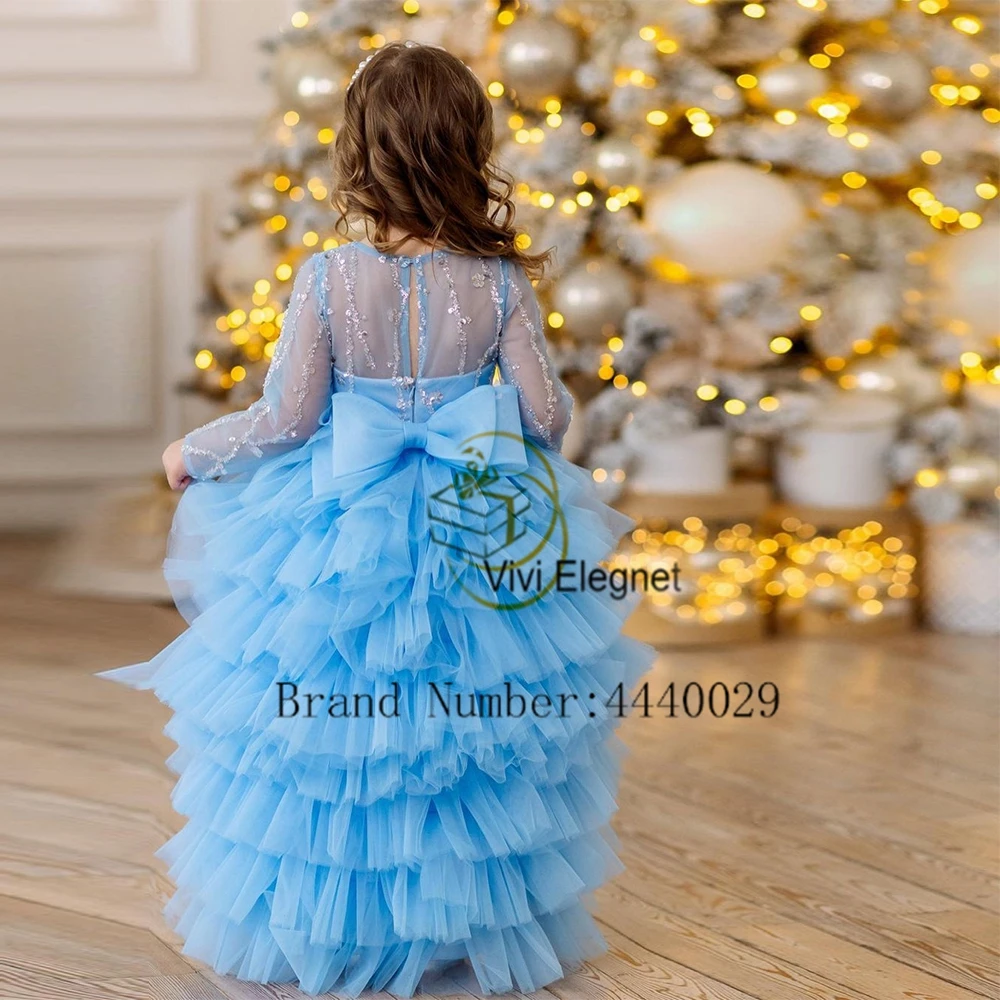 2024 Charming Christmas Gowns with Sequined New Full Sleeve Scoop Flower Girls Dresses Soft Tulle Cute فلور فتاة اللباس Zipper