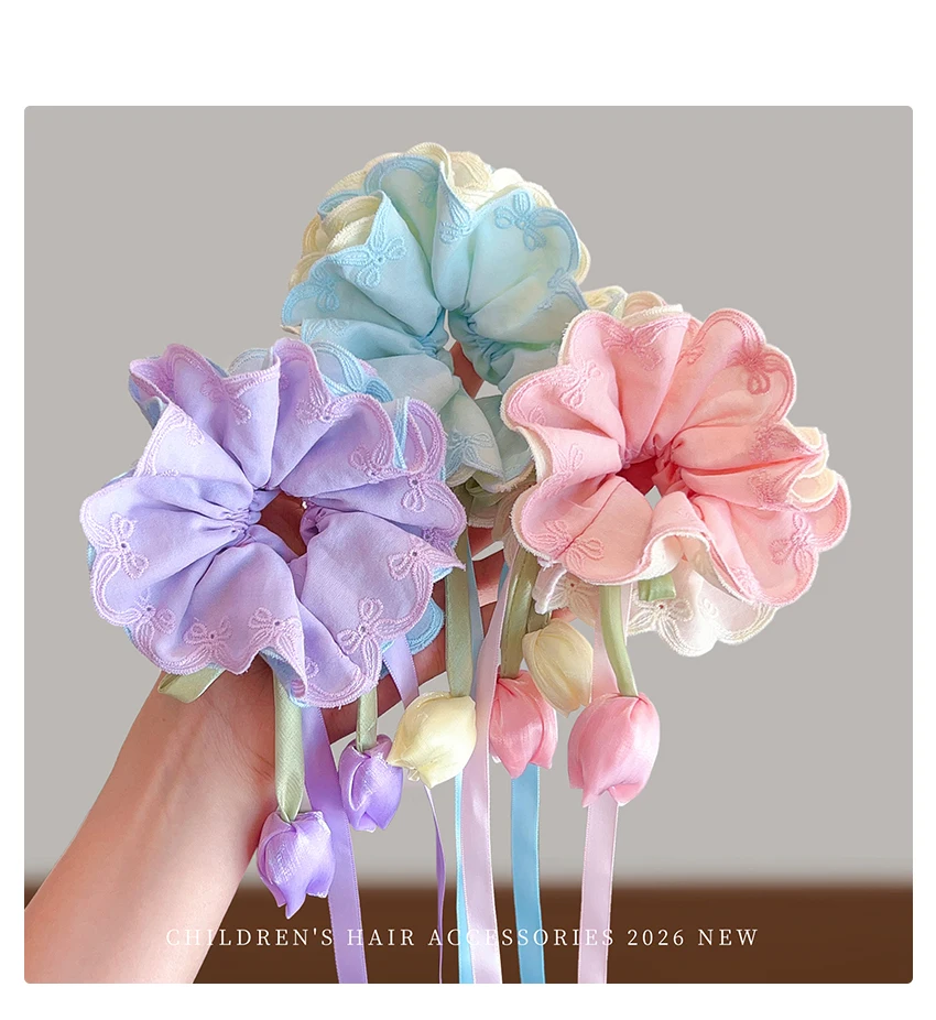 Neue bestickte Tulpen-Haarschleifen: Süße Prinzessinnen-Haargummis, schonend für das Haar, hohe Elastizität für Baby-Mädchen und Kleinkinder – Haar-Accessoires – Detail 3