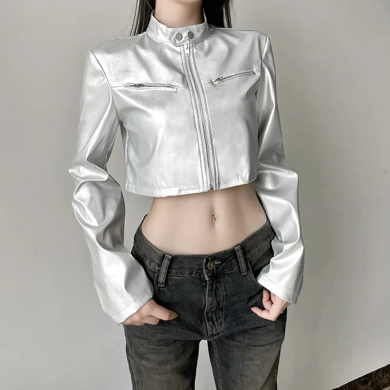 Silver Zipper Stand Collar ort Leather Jaet Women's Slim Fit Belly Baring Versatile Outerwear Street Sle Hot Girl