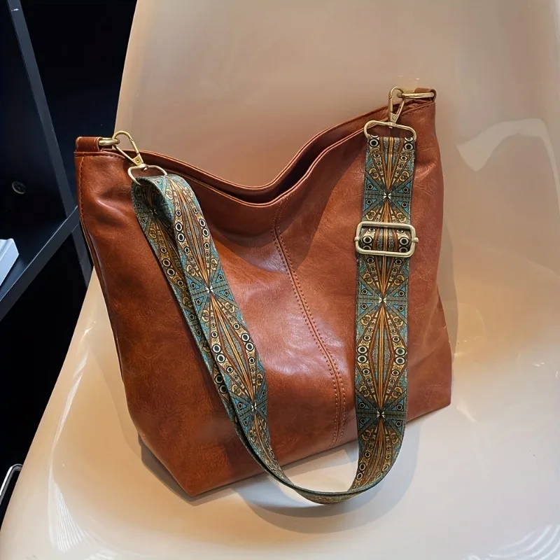 Female Vintage Crossbody Bag Ladys Geometric Strap Hobo Bag Woman Large Capacity Shoulder Bag For Work & School