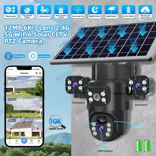 Imagen 2 del producto Eseecloud 12MP tres lentes tres pantallas 2,4G 5G WiFi de doble banda PTZ seguridad con energía Solar CCTV WiFi cámara