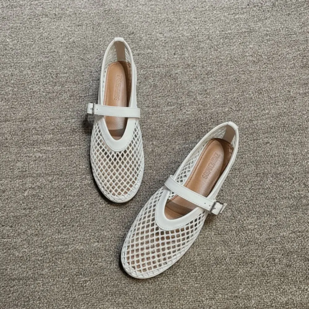 1 Pair Non-Slip Sole Summer Mary Jane Shoes Cut-Out Design Straight Buckles Mesh Ballerina Flats Comfortable Walking Net Flat