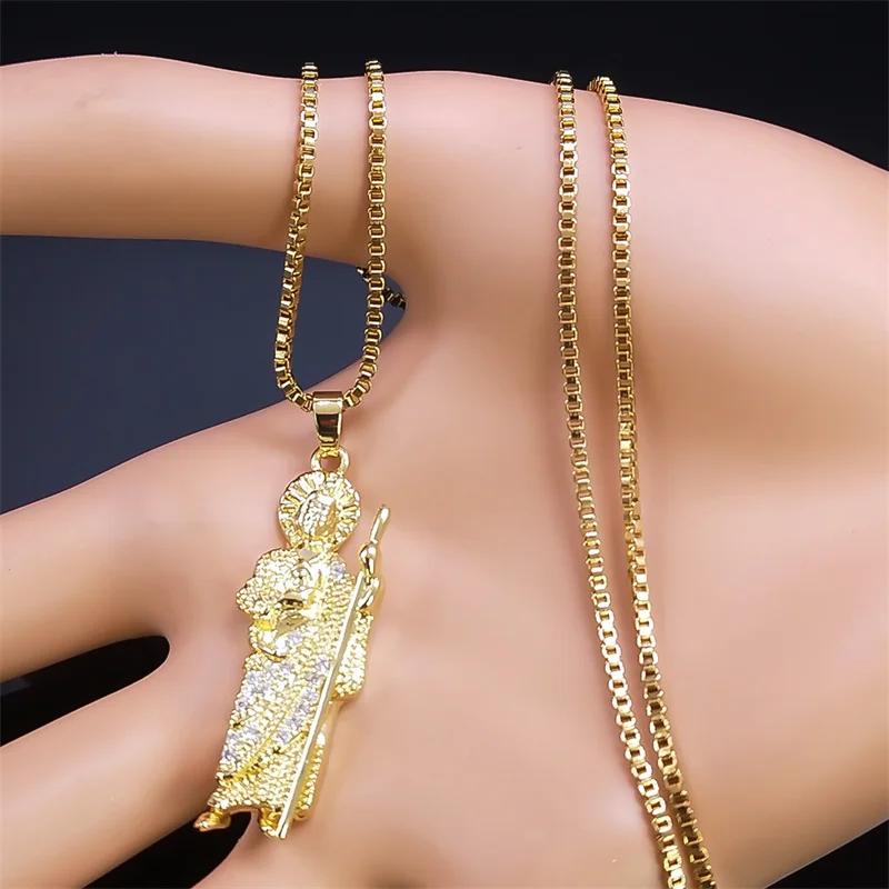 San Judas Tadeo Zircon Copper Pendant Necklace for Women Men Stainless Steel Chain Saints Apostle of Jesus Necklace Jewelry Gift