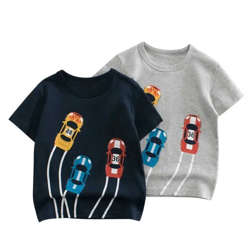 2024 Summer Fashion New Boys Short sleeved T-shirt with Round Neck Cartoon Car Cotton Bottom for Children Aged 2-14