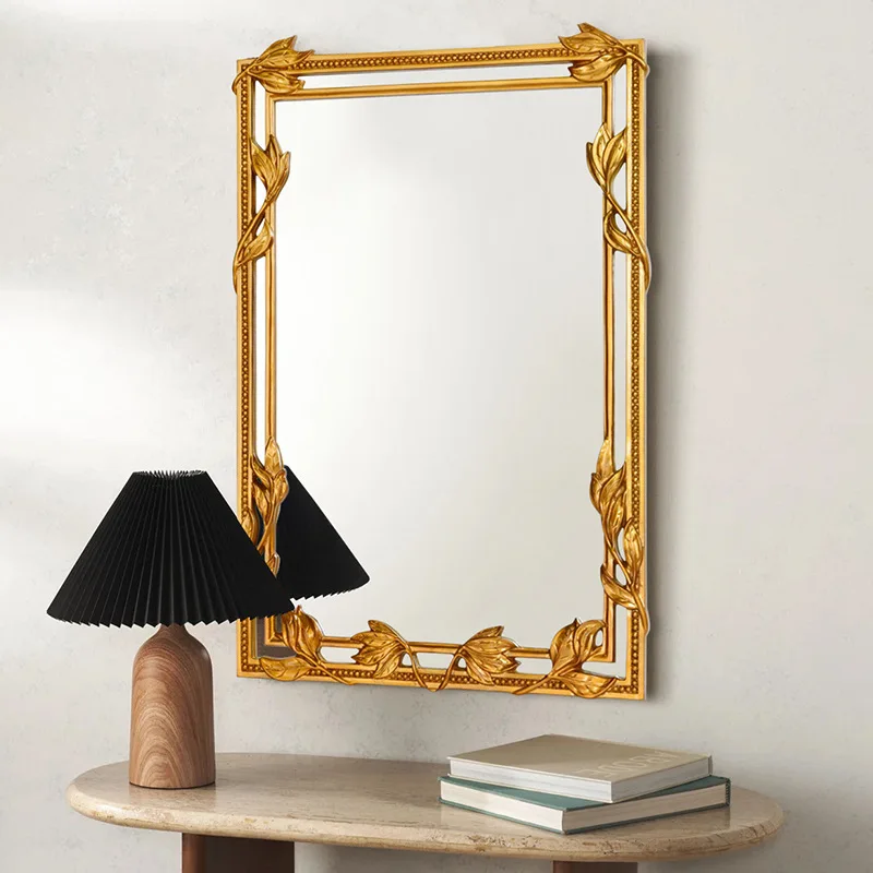 European retro carved gold frame rectangular wall-mounted mirror, court style decorative mirror, entrance wall decorative mirror