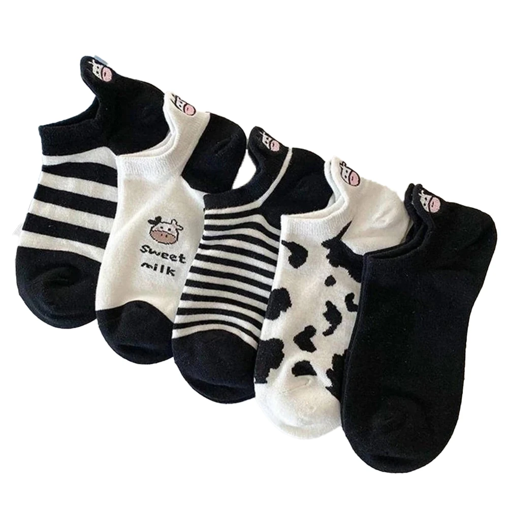 5 Pairs Women Cow Patterned Boat Socks Trendy Versatile Cartoon Striped Girl Socks Soft Comfortable Breathable Casual Socks﻿﻿