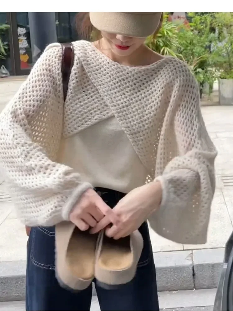 New Women 2 Piece Knit Outfit Hollow Out Wrap Cropped Shrug Long Lantern Sleeve Sweater Solid Tank Top Casual Loose Streetwear
