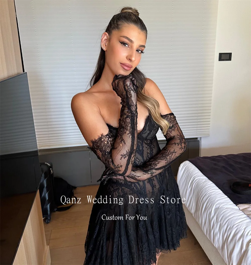Qanz Illusion Black Full Lace Short Prom Dresses Sweetheart Vestidos De Festa Mini A Line Sexy Vestidos De Graduación Customized image 2