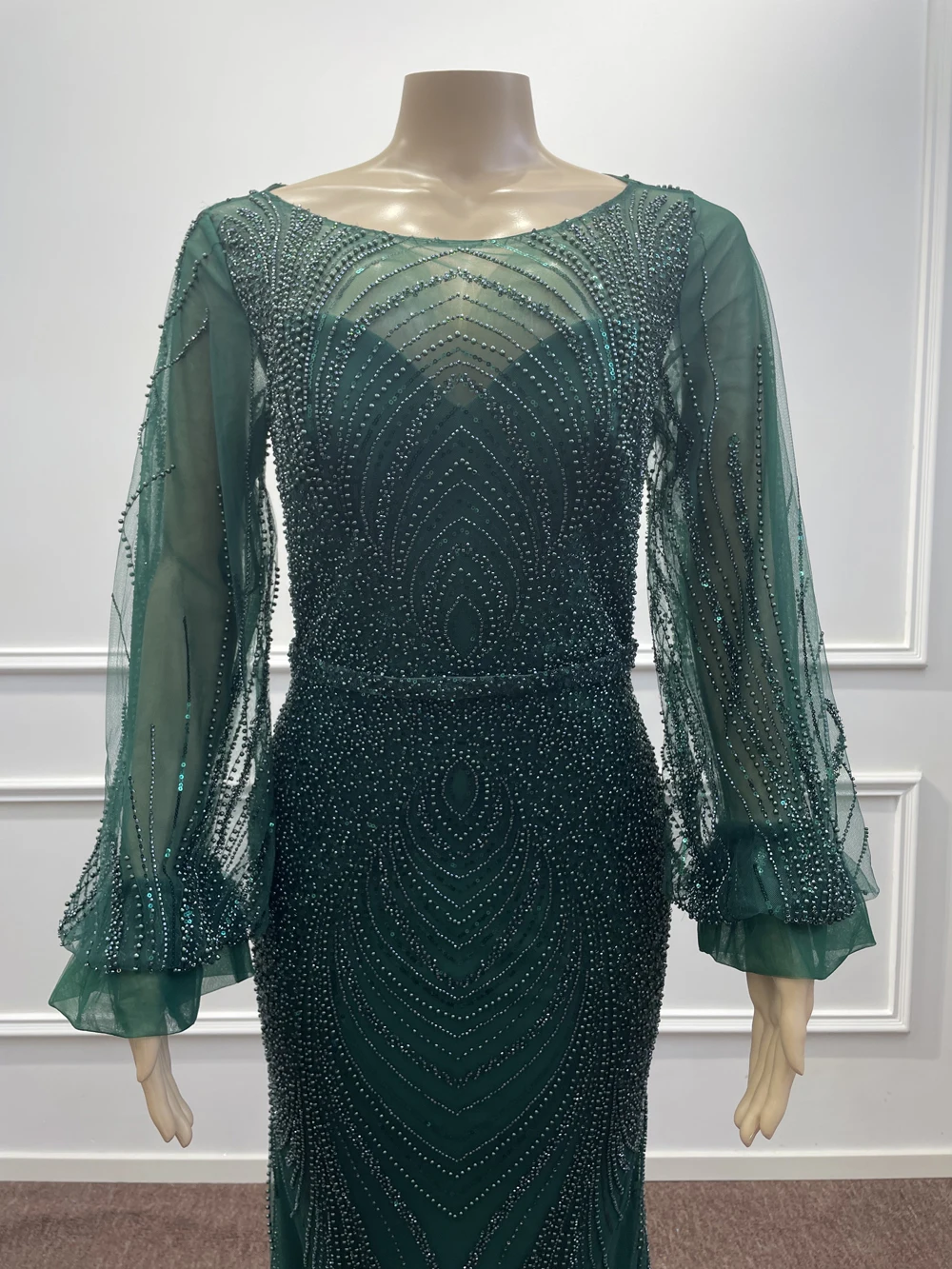 2024 Dark Green Sequined Tulle Evening Dress Beading Long Lantern Sleeve Mermaid  Luxury Arabic Formal Party Prom Gowns Vestidos