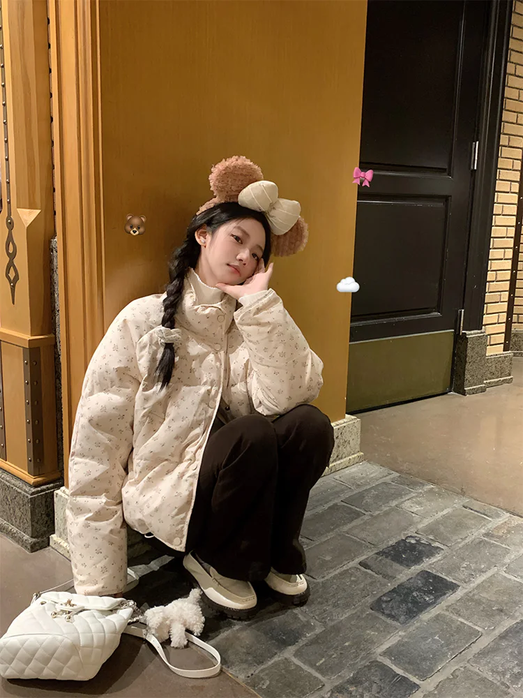 

Korean Sle Sweet Floral Print ort Cotton Jaet Women's Loose Bread Sle Outerwear Warm Stand Collar Autumn Winter New A...