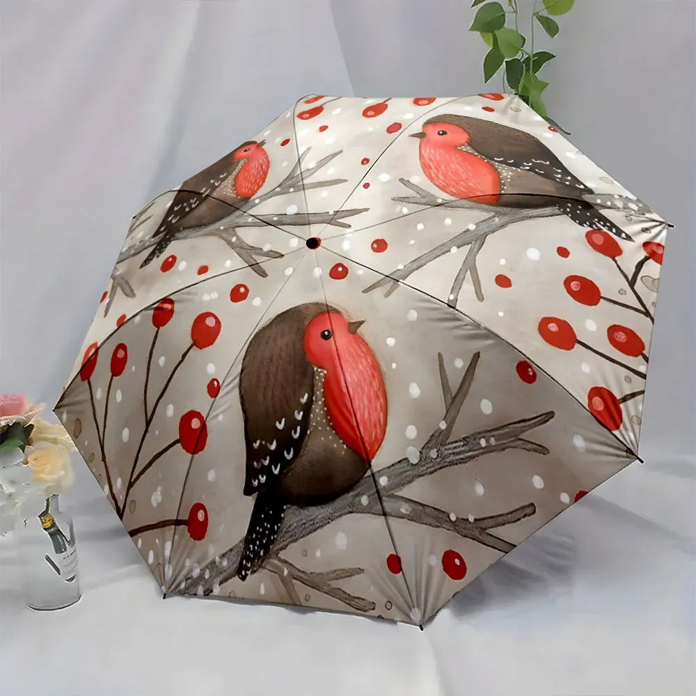 1PC Charming Umbrella with Robin Bird and Berry Design Print 8 Iron Ribs Folding Umbrella Auto-Open Fashion Sunshade