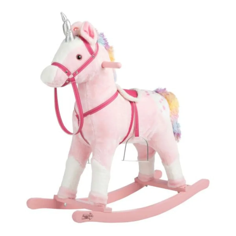 

Plush Unicorn with Realistic Sounds Ride on Toys for Ages 3+ Wooden Rocking Horse Pink