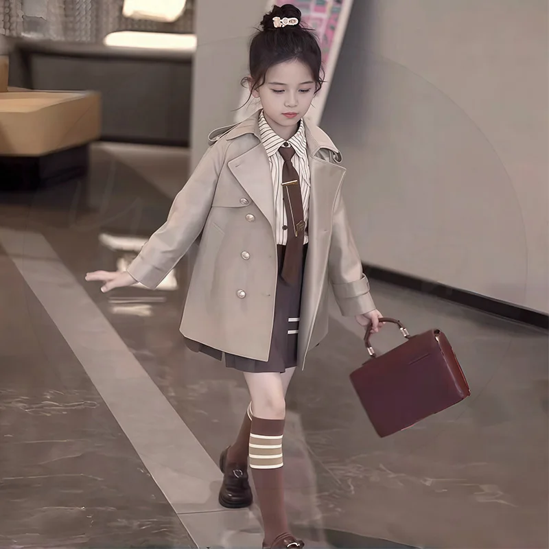 4-14 الخريف الكاكي 100% طفل الفتيات مزدوجة الصدر سترة واقية فتاة في سن المراهقة المدرسة سترة صغار طفل ملابس خارجية معطف الملابس