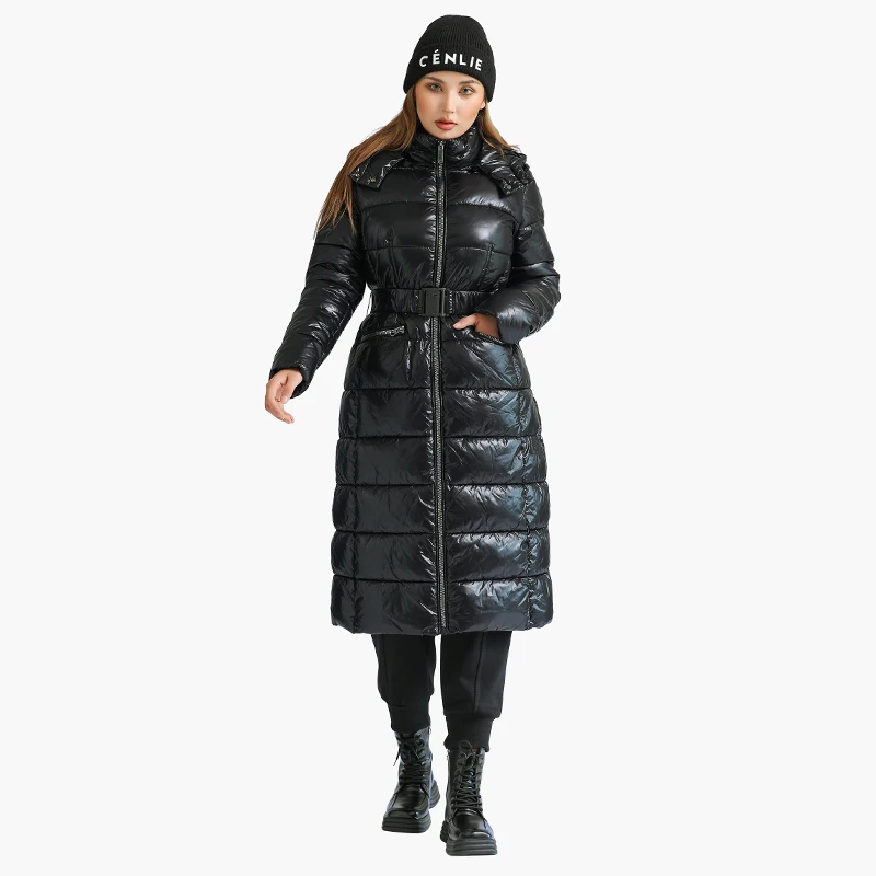 SANTELON Winter Long Parkas Coats For Women Casual Black Thick Warm Puffer Jacket With Adjustable Waist Fashion Hooded Outerwear