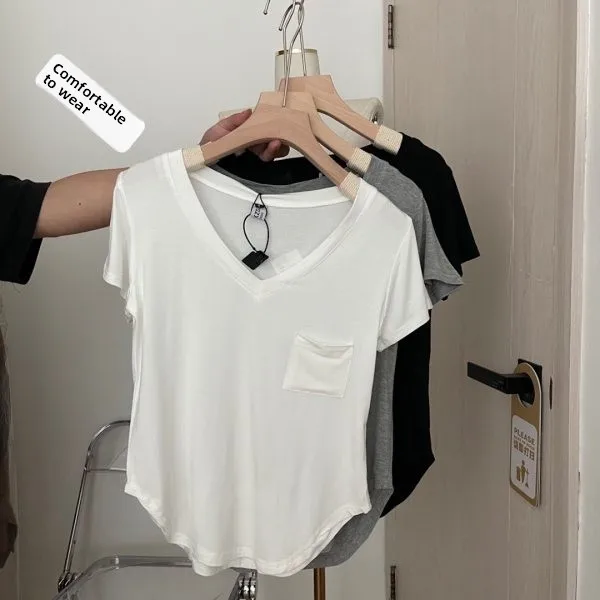Women's V-Neck Short Sleeve T-Shirt Summer Casual Slimming Base Shirt Korean Design Sense Draping Feel Top Casual V-Neck Top