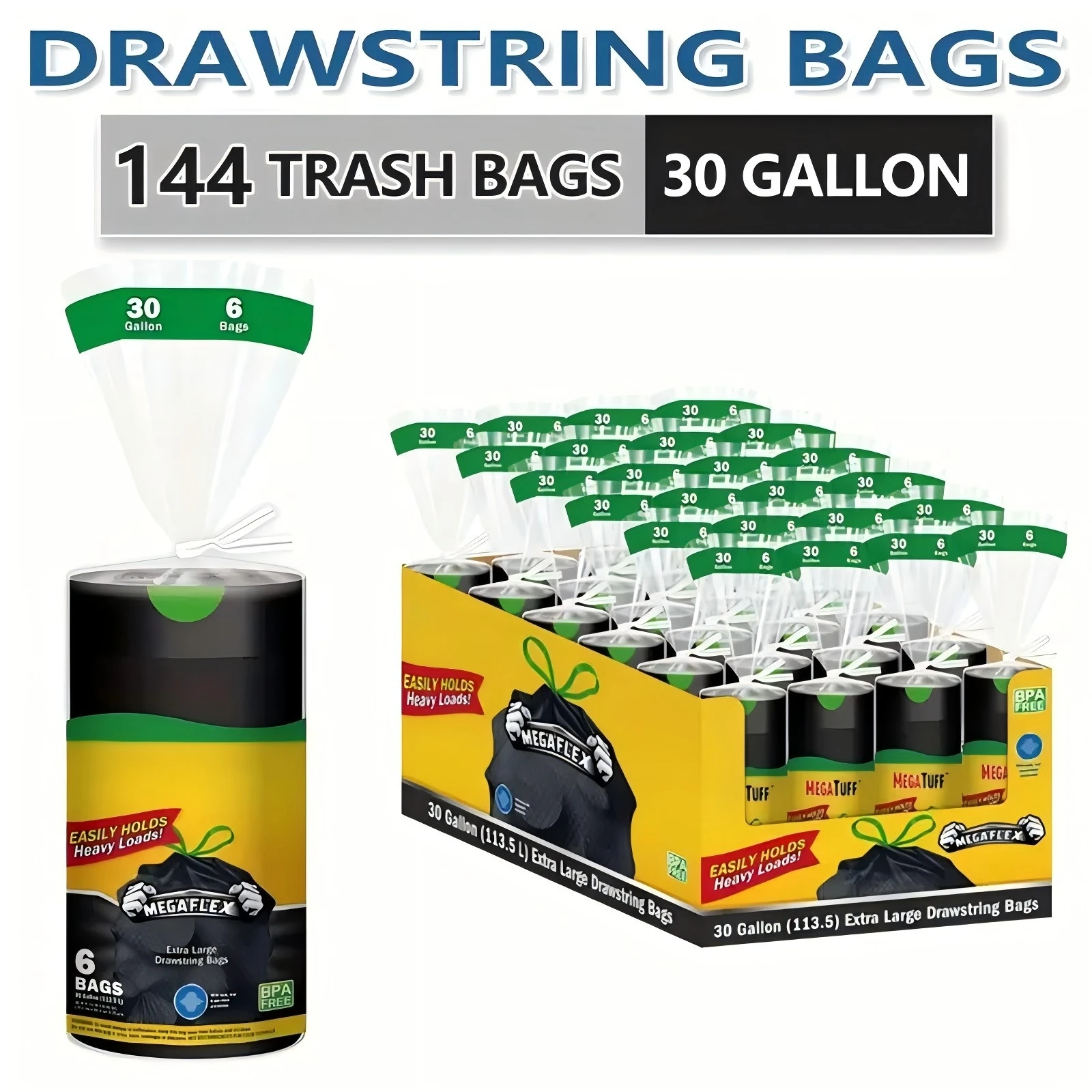 

Xtratuff Large Drawstring Trash Bags for Lawn Leaf 30 Gallon Black Garbage Bags 144 Count Trash Bag for Construction Industrial