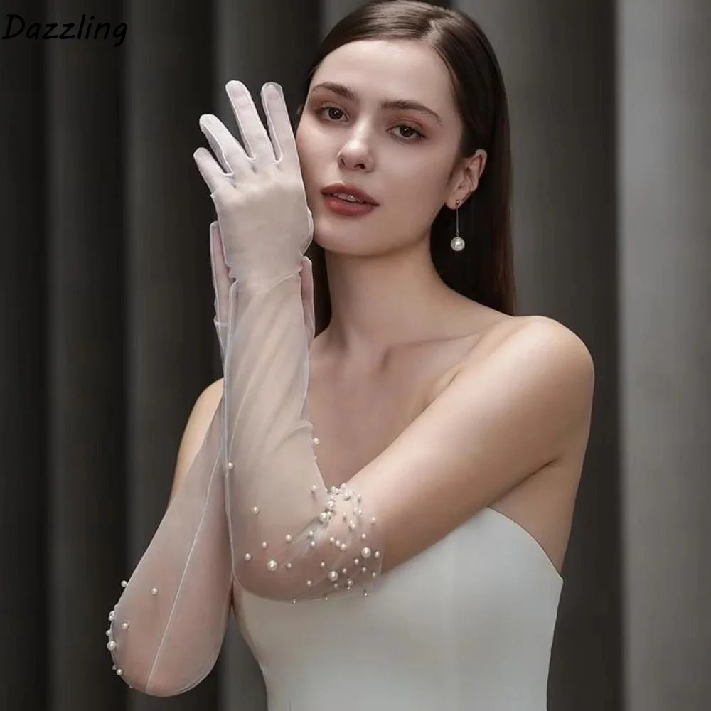 

Luxury Handmade Beading Bridal Gloves Transparent Elbow Length Wedding Mittens Thin Lace Elegant Tulle Gloves Opera