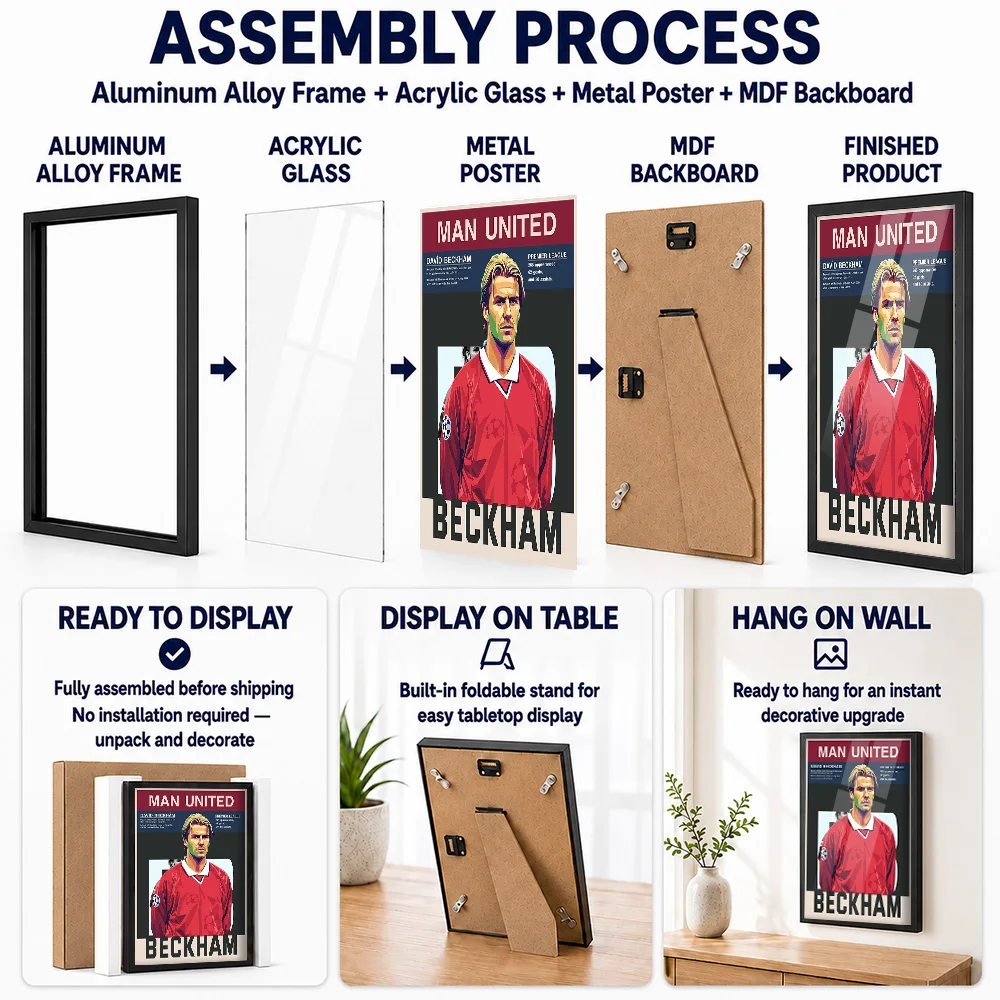David Beckham Player Profile Framed Metal Print Personalized Photographic Wall Art For Clubhouse Reception Area, Soccer Fan Gift