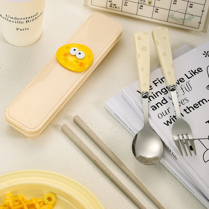 

Stainless Steel Cute Cheese Spoon Fork Wheat Chopsticks Three-piece Set Student Children Portable Tableware Storage Box Set