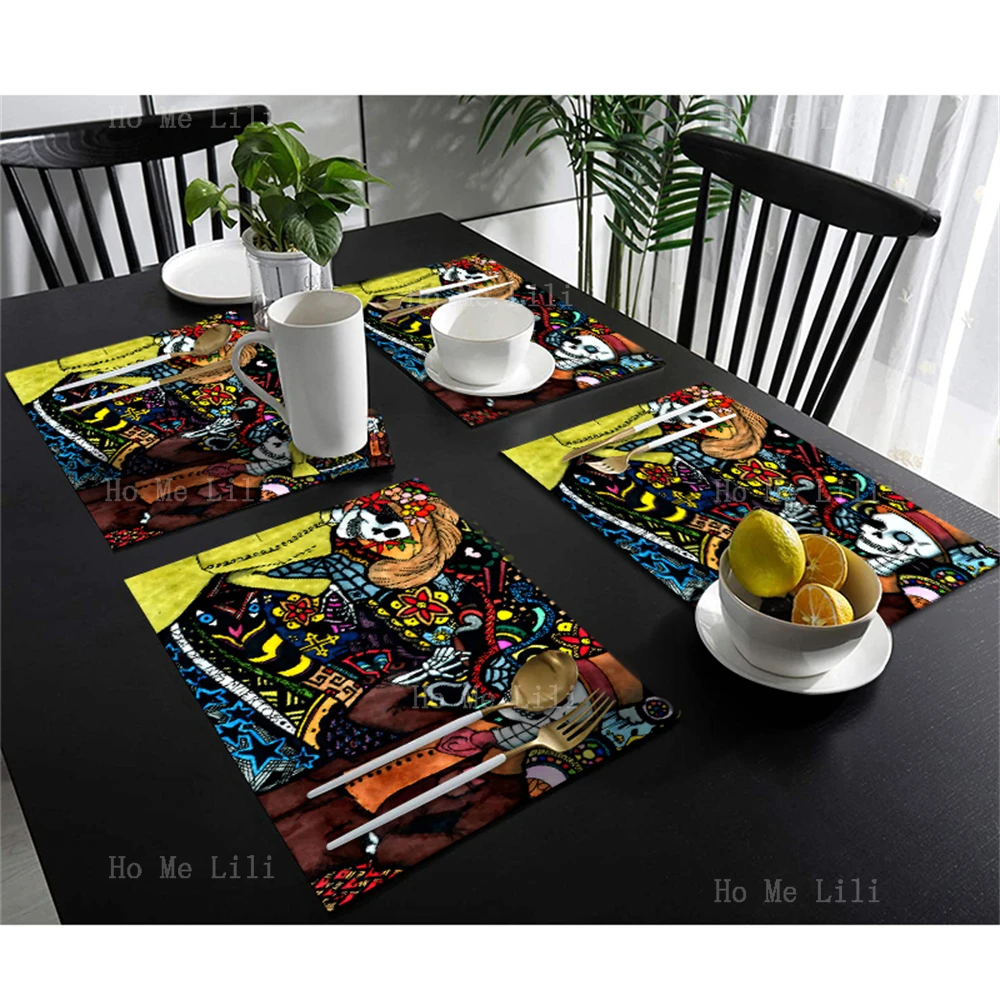 Fantasy Day Of The Dead Flower Sugar Skull Lovers Rose Trippy Cat Colorful Floral Cross Vintage Polyester Fabric Placemats