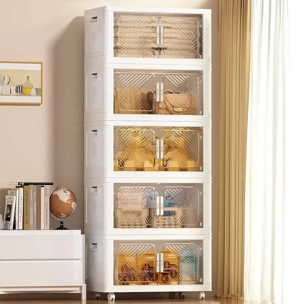 

Storage Bins With Lid 76Qt, Stackable Storage Containers With Wheels And Magnetic Doors, Plastic Clothes Closet Organizers And