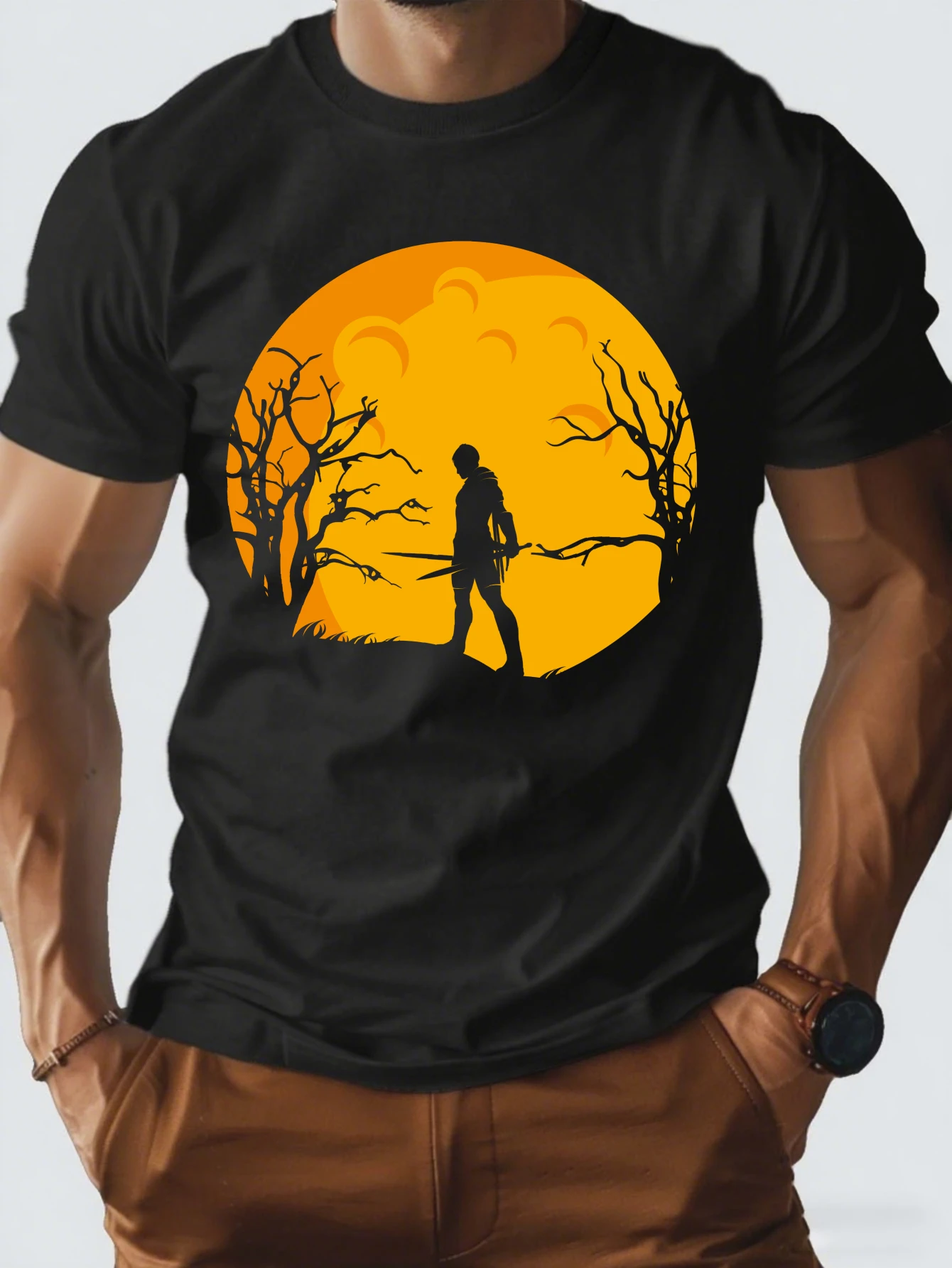 

Retro Halloween Tree Moon Graphic T-Shirt for Men, Spooky Night Short Sleeve Tee, Casual Halloween Print Tops