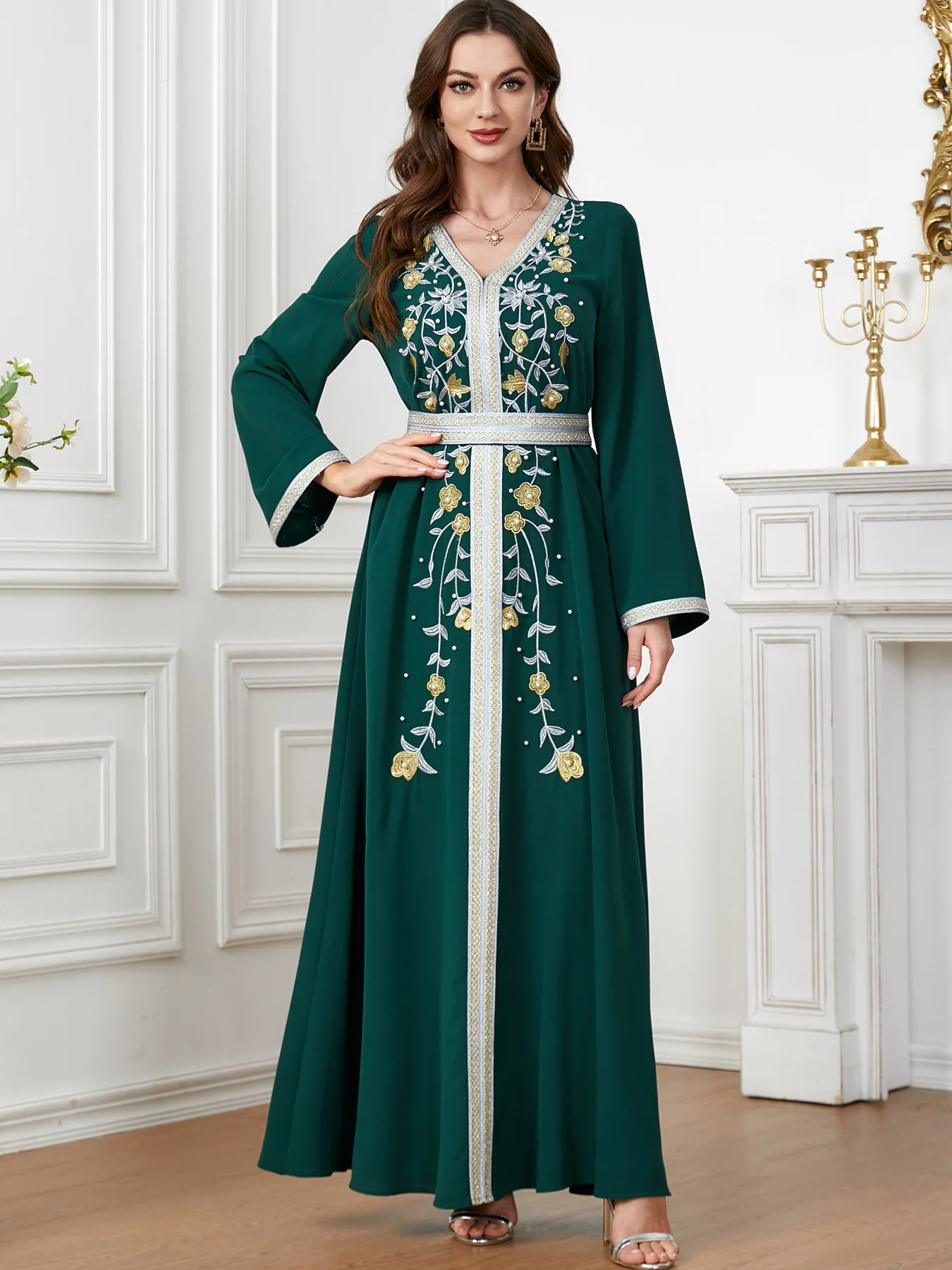 Autumn Embrodiery Eid Muslim Party Dress for Women Jalabiya Abaya Ramadan Long Dresses Abayas Woman Lace-up Caftan Vestidos Robe