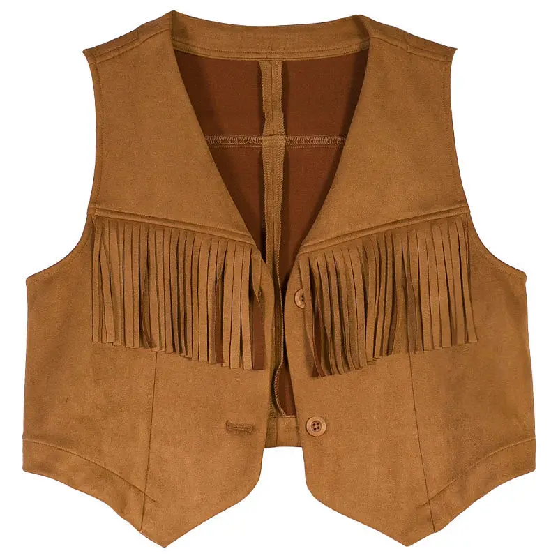 Autumn New Womens Suede Short Cardigan Brown Fringe Vest Coat