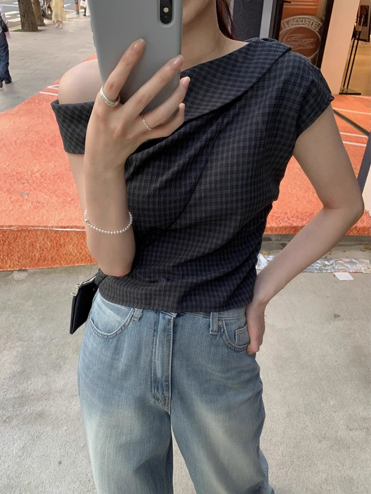 

Liangliang Design Summer New Women's Plaid irt Vest Irregular Slant Collar Gathered Top Korean Sle Slim Fit Bubble Sve
