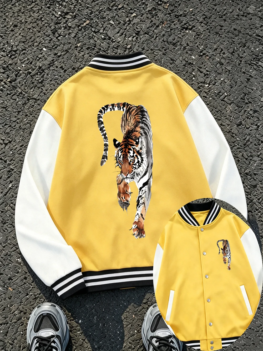 Chinese Ink Wash Tiger Prints Coats Mens Casual Pocket Baseball Jersey Street Loose Cotton Jackets Winter Fleece Warm Clothes