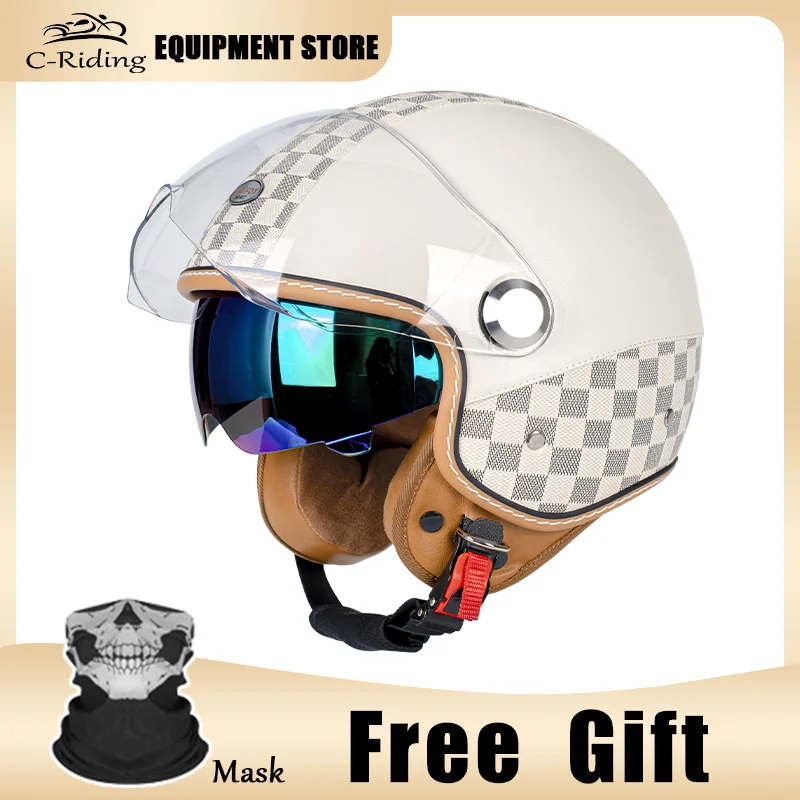 

Vintage-Inspired 3/4 Open Face Motorcycle Helmet with Real Leather Trim and Metal Buckle for Adult More Stable Relaxed Riding