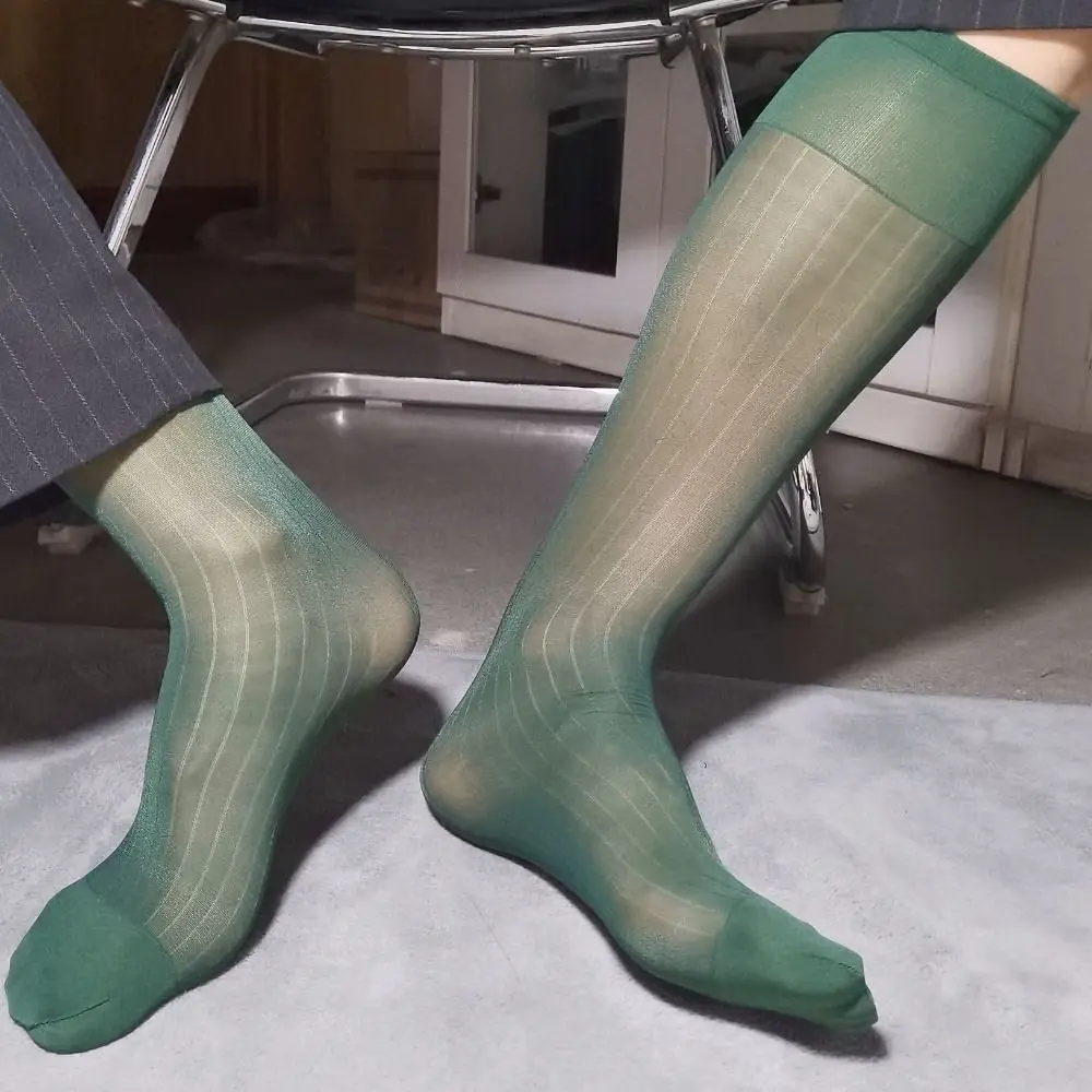 Kaus Kaki Tabung Gaun Tipis Pria Tipis Stoking Bisnis Warna Solid Tipis Tembus Pandang Kaus Kaki Sutra Bergaris Lebar Setengah Betis Musim Panas