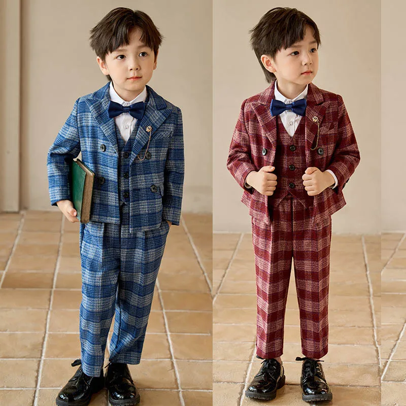 Children Jakcet Vest Pants Bowtie Piano Party Dress Flower Boys Wedding Ceremony Photograph Suit Kids Formal Performance Costume