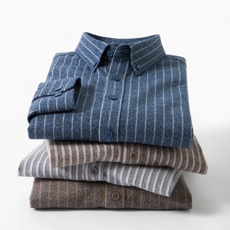 

Spring Men's Washed Pure Cotton Anti-Wrinkle Brushed Skin-Friendly Breathable Striped Casual Long Sleeve Shirt Collar Button up